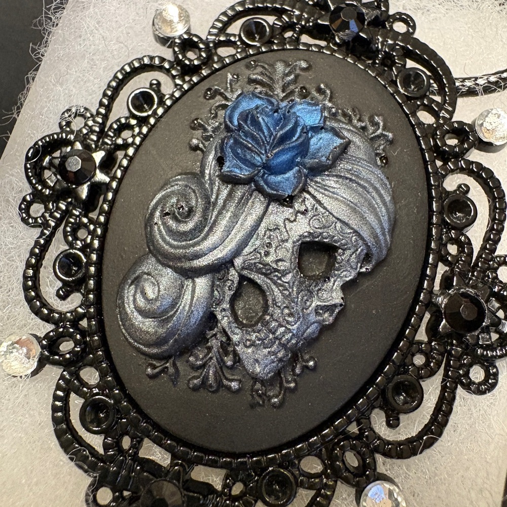 Gothic Skull Cameo with Blue Rose Pendant Necklace